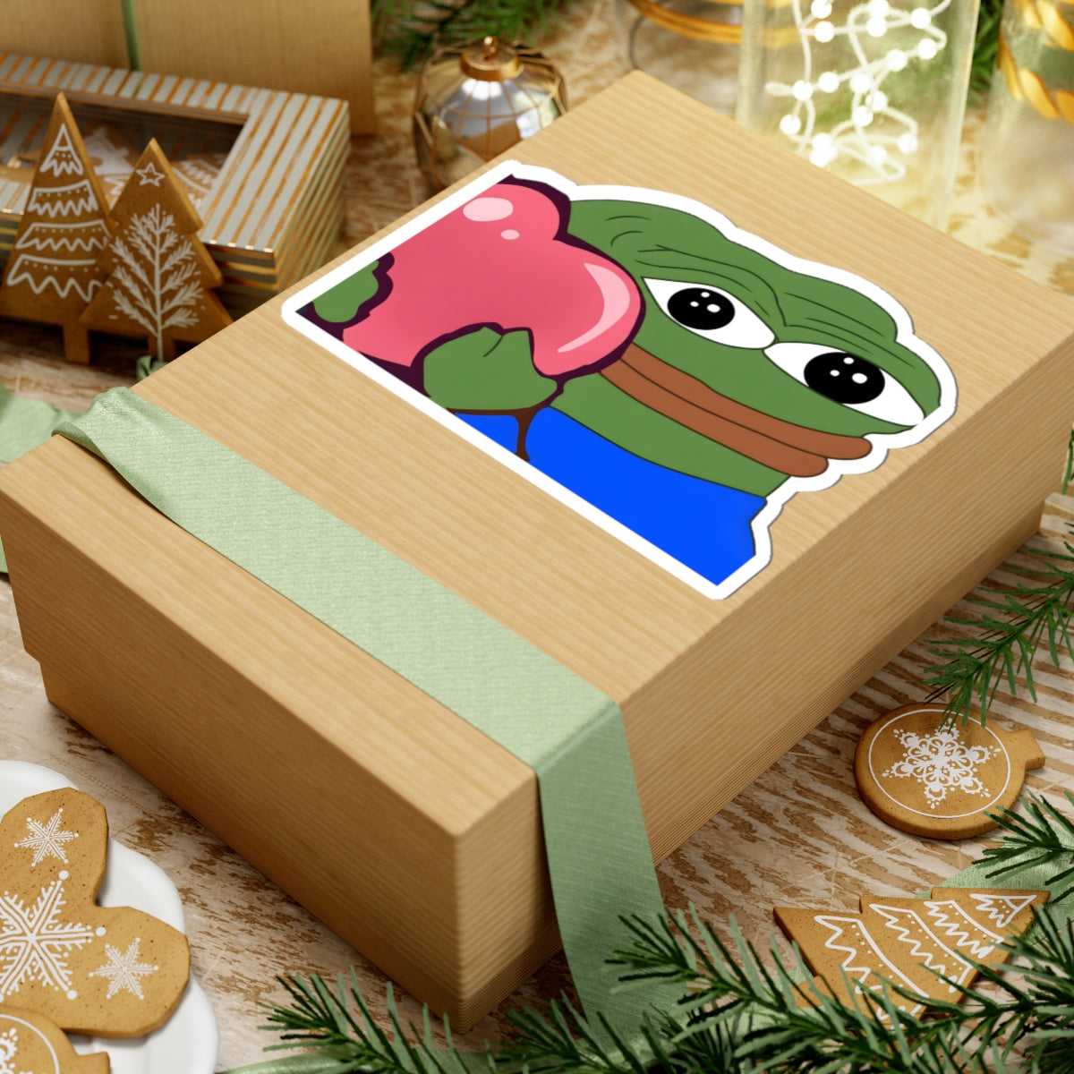 Pepe Heart Sticker — Cute Sad Frog Holding Pink Heart Kiss-Cut Sticker