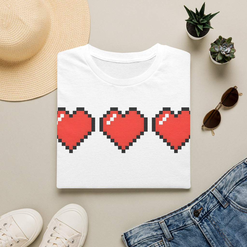 Pixel Heart T-Shirt — Retro 8-Bit Hearts Tee for Gamers & Couples