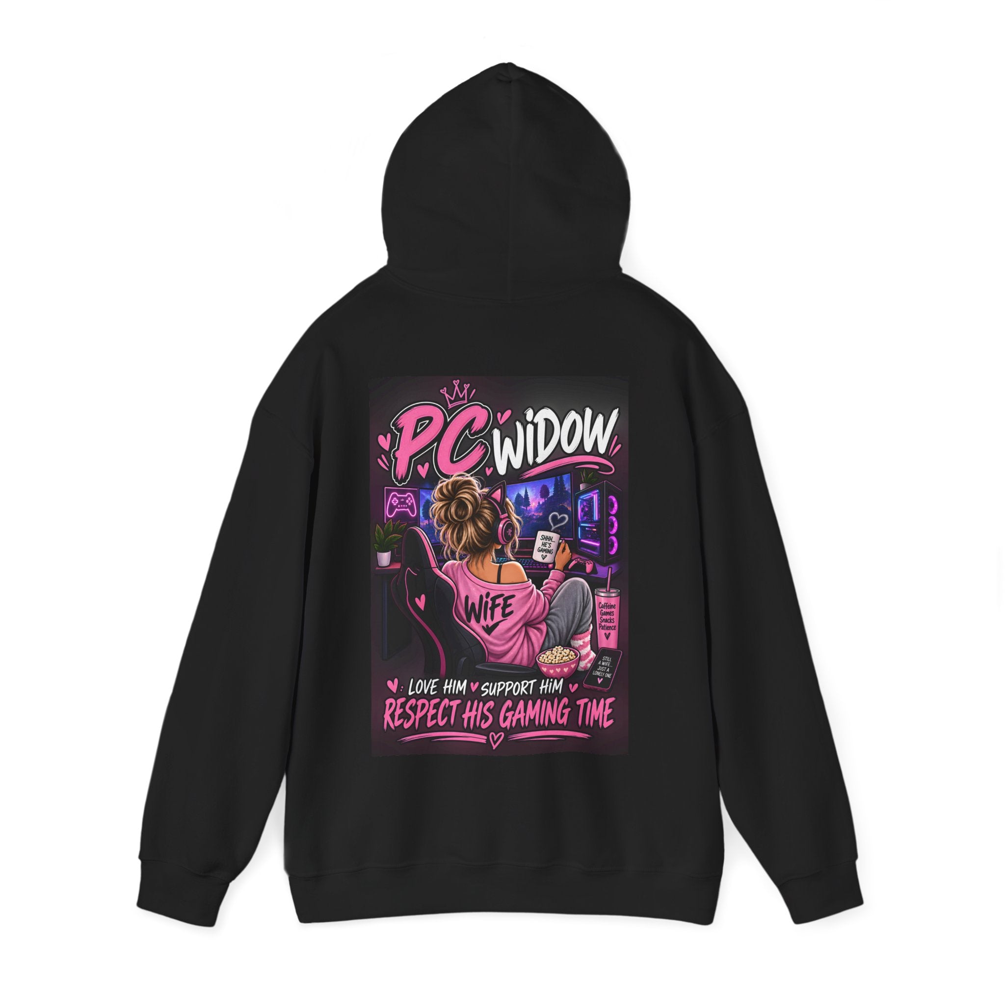 PC Widow Hoodie — "I Love Him, Support Him, Respect His Gaming Time" Gamer Wife Pullover