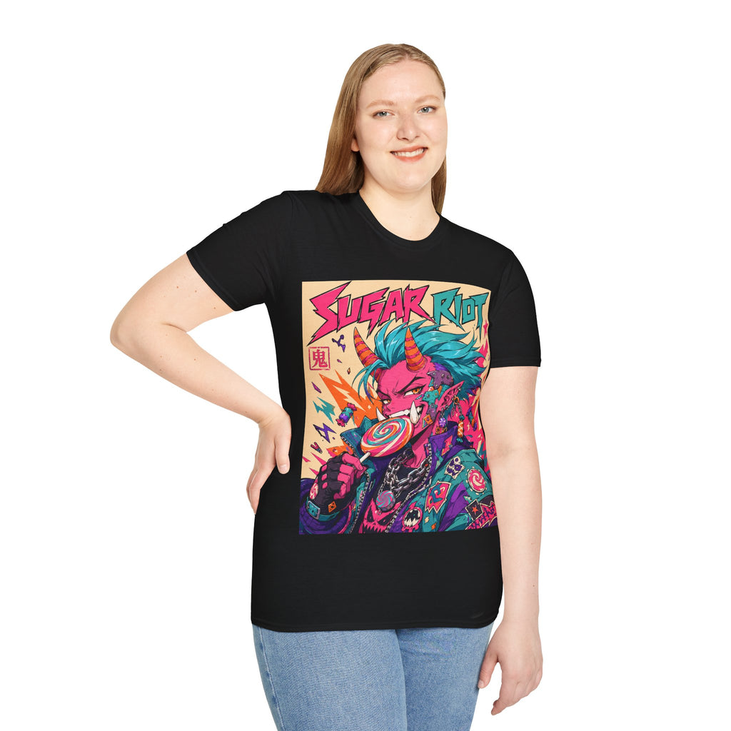 Sugar Riot T‑Shirt — Colorful Punk Unicorn Candy Skull Graphic Tee