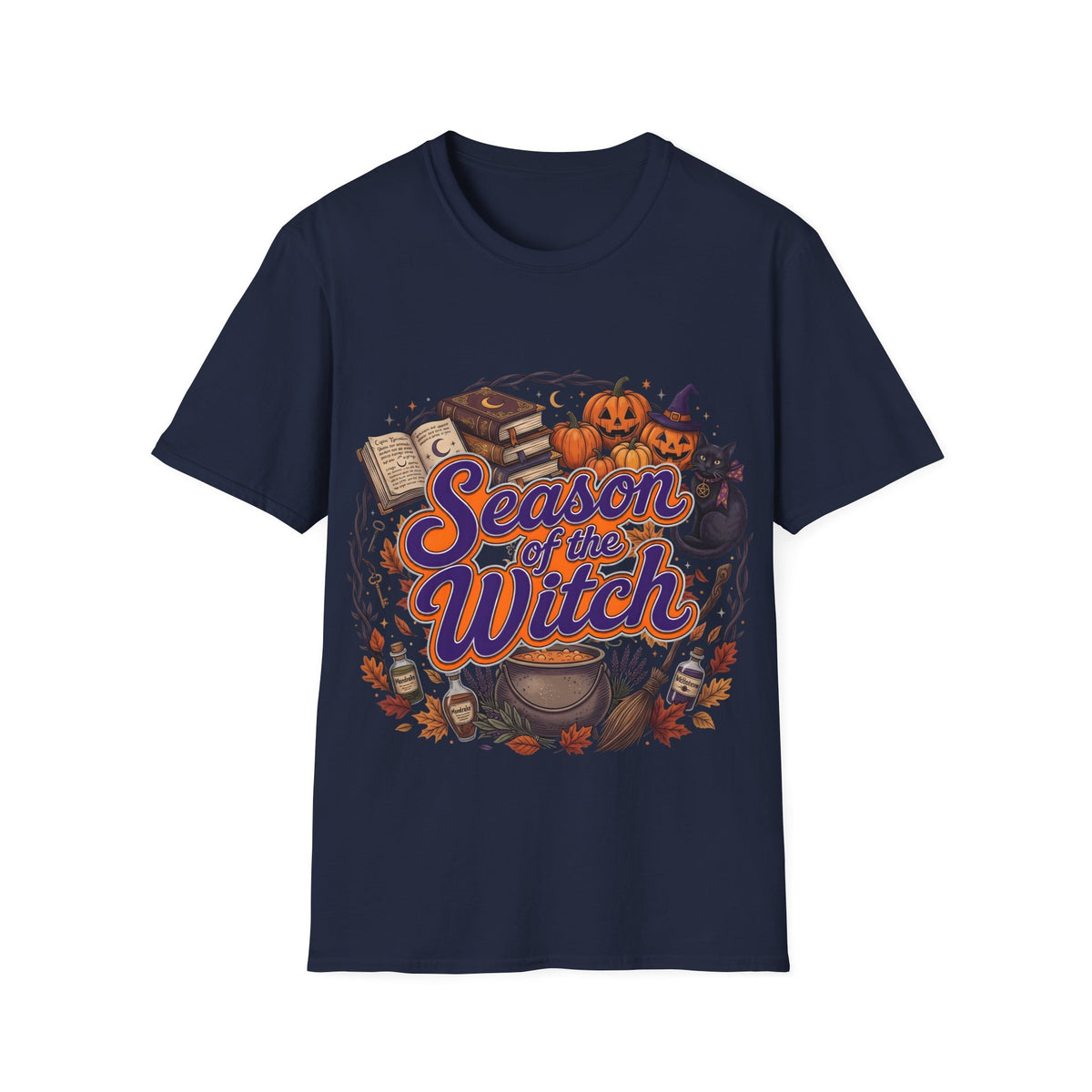 Season of the Witch Halloween T-Shirt — Pumpkin, Witch Hat & Spellbook Tee