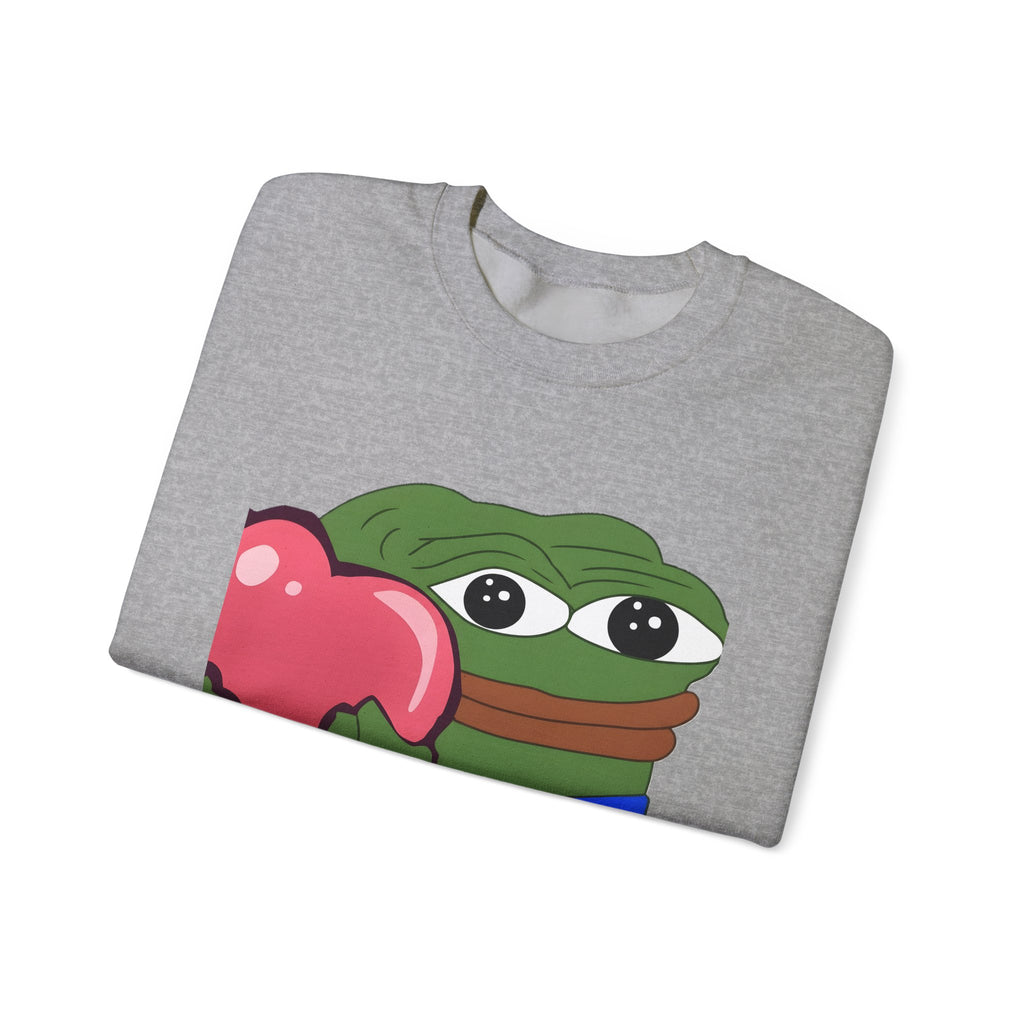 Pepe Heart Crewneck Sweatshirt - Cute Pepe Holding Pink Heart Graphic