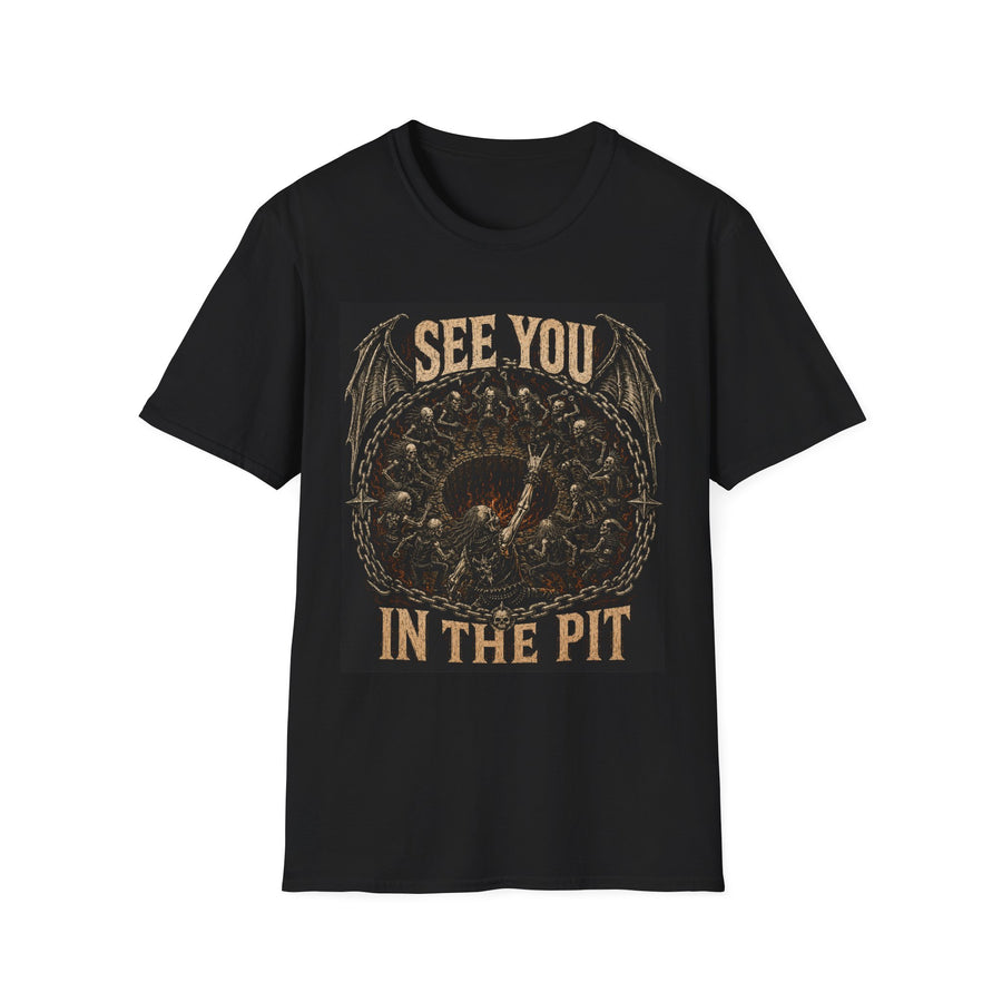 Black T-shirt with See You in the Pit text and ornate skull graphic, front view.