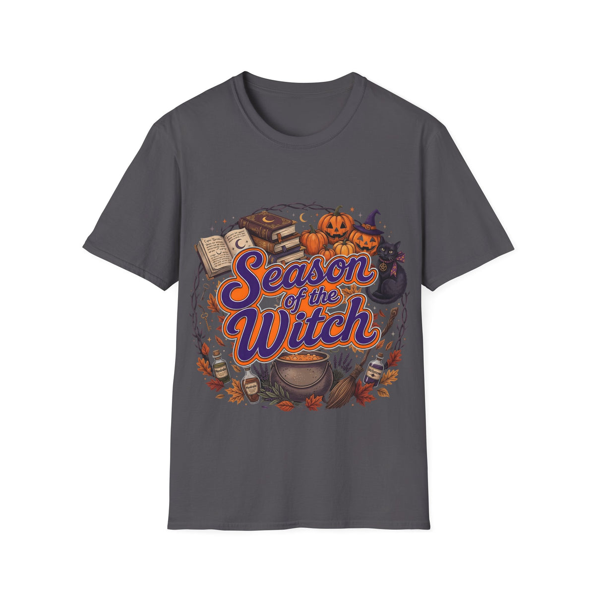 Season of the Witch Halloween T-Shirt — Pumpkin, Witch Hat & Spellbook Tee