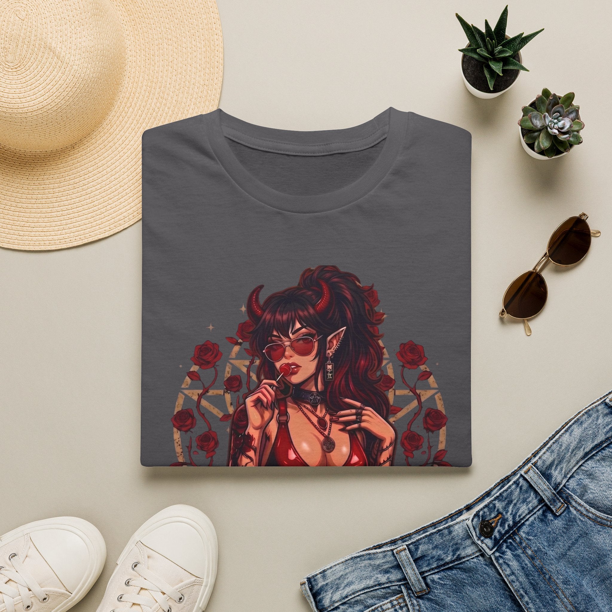Sexy Succubus Tattoo Pin-Up Girl T Shirt - Rose Halo Graphic T-Shirt