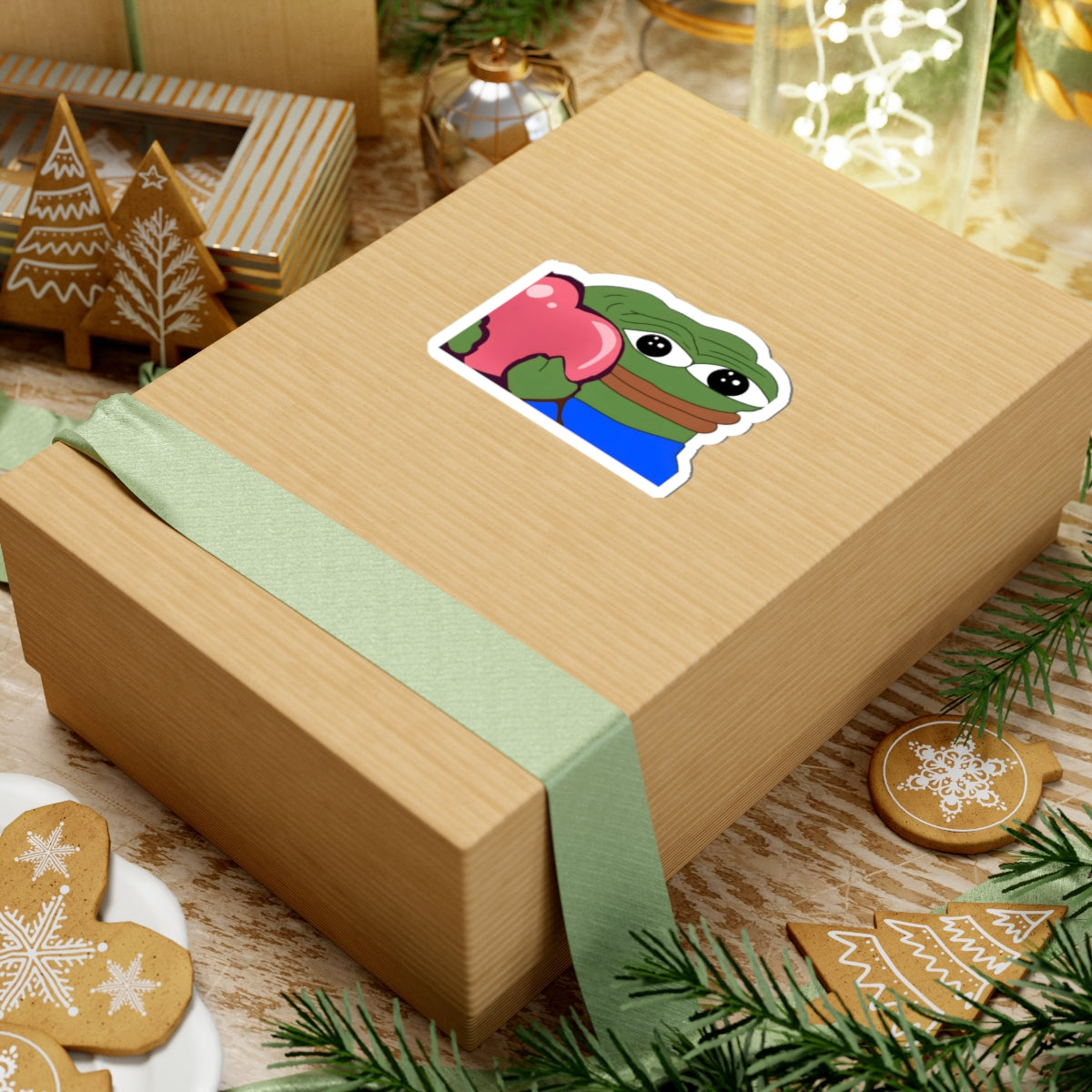Pepe Heart Sticker — Cute Sad Frog Holding Pink Heart Kiss-Cut Sticker