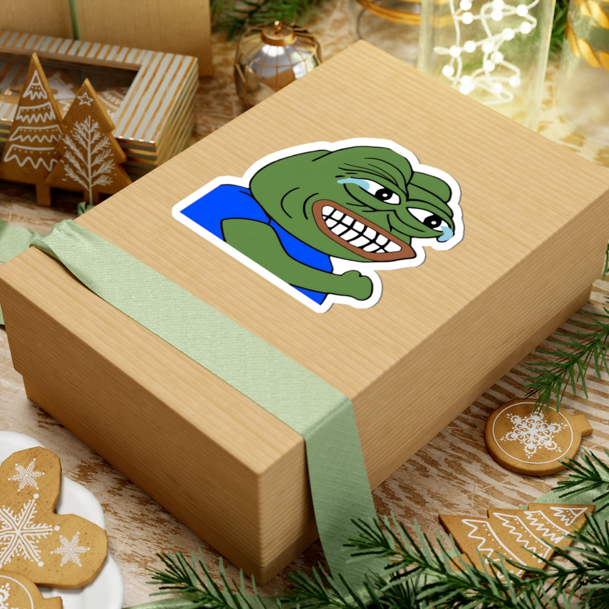 Sad Grin Frog Sticker — Pepe Emotion Meme Kiss-Cut Sticker