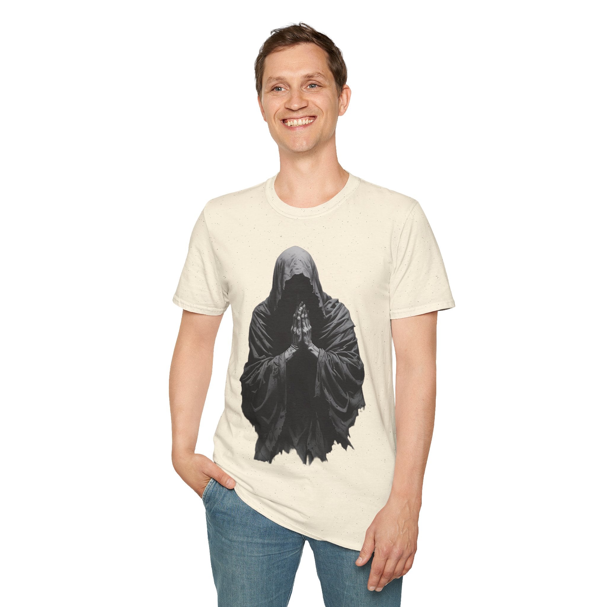 Hooded Figure Prayer T‑Shirt — Gothic Mystical Graphic Tee