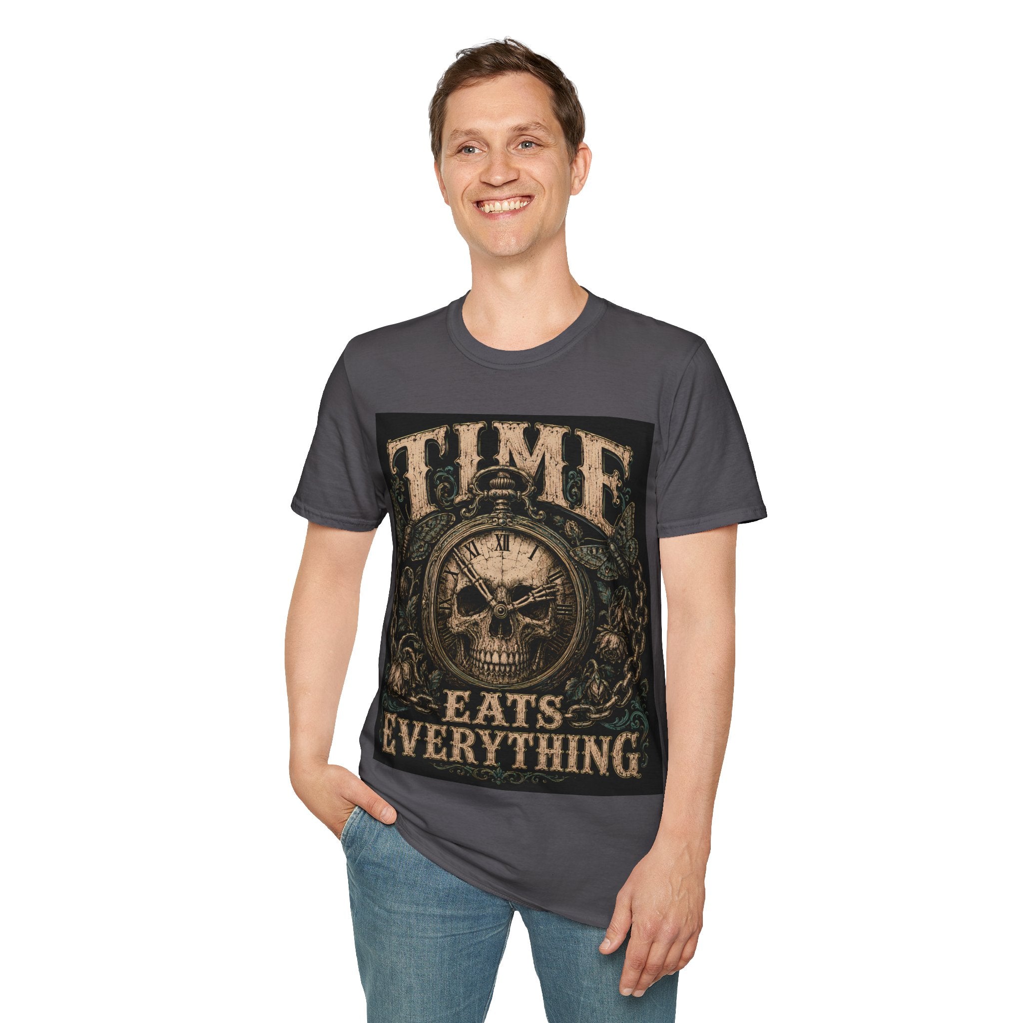 TIME Eats Everything T-Shirt — Vintage Clock & Skull Graphic Tee