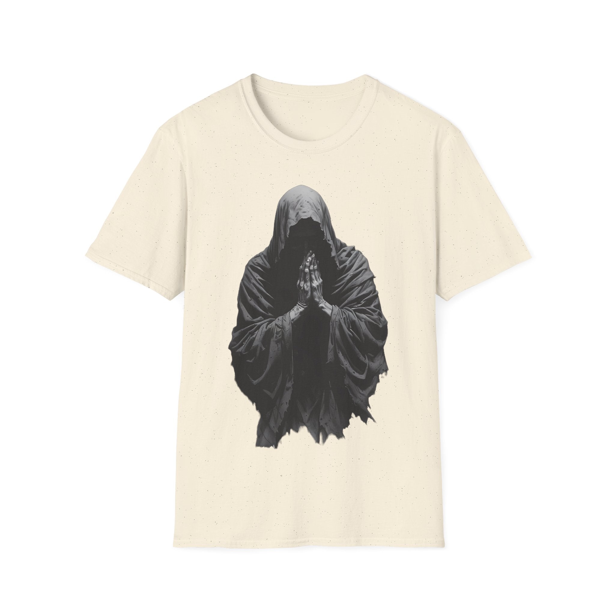Hooded Figure Prayer T‑Shirt — Gothic Mystical Graphic Tee