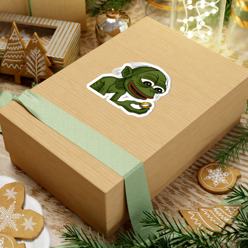 Pepe Gollum Sticker — Funny Green Character Holding Ring Kiss-Cut Sticker