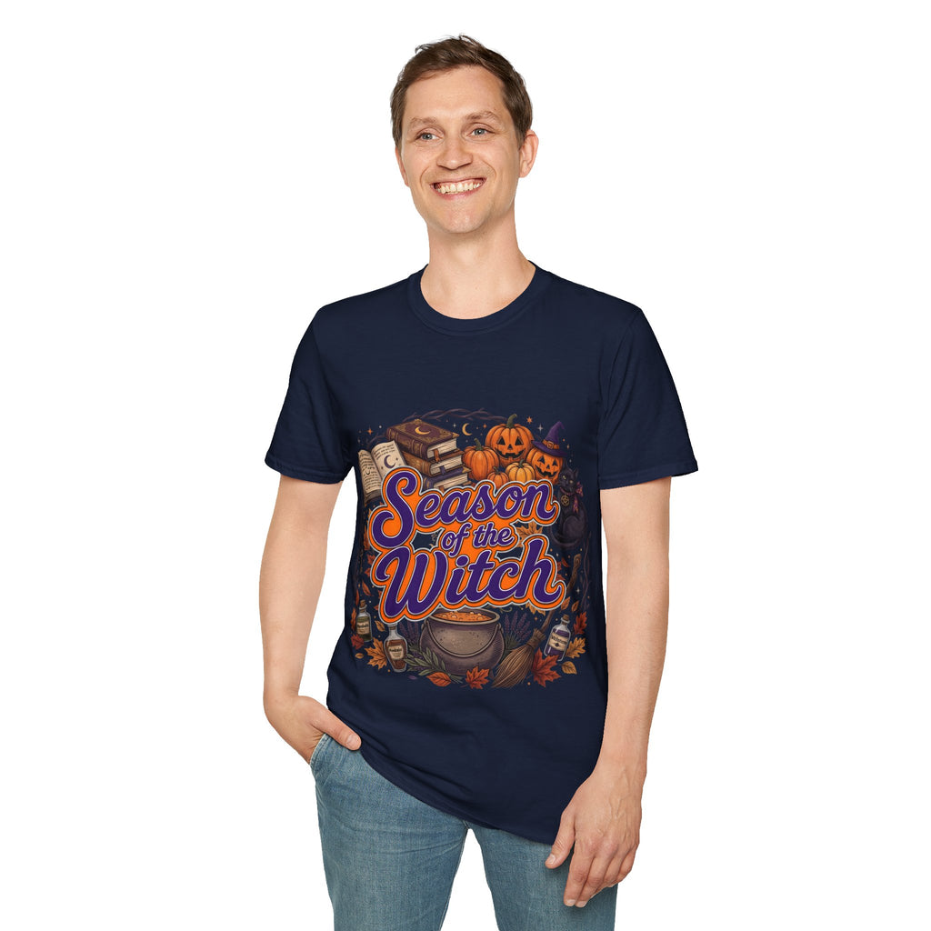 Season of the Witch Halloween T-Shirt — Pumpkin, Witch Hat & Spellbook Tee